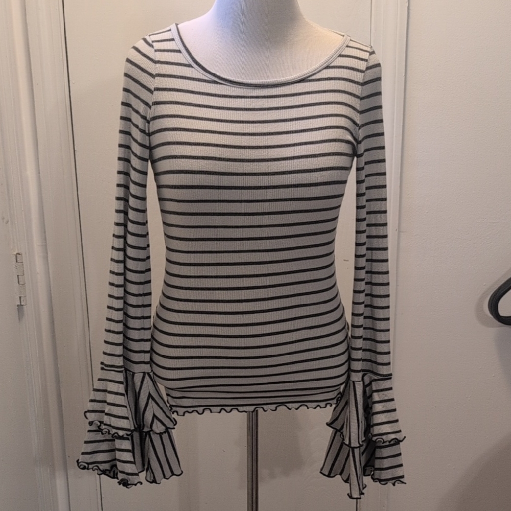 We The Free White and Black Striped Ruffle Bell-Sleeve Top